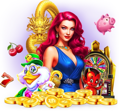 Club Vegas characters with a golden dragon, slot wheel, and virtual Coins